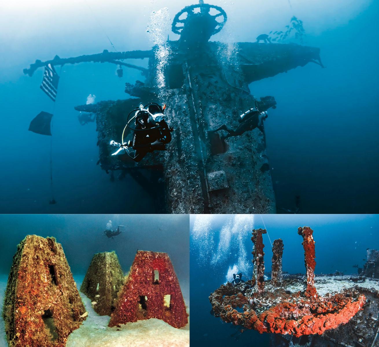 Clockwise: Divers explore the USS Oriskany's tower, currently the largest artificial reef in the world; another artificial reef comprising large pyramids that house marine life and make for interesting photos.