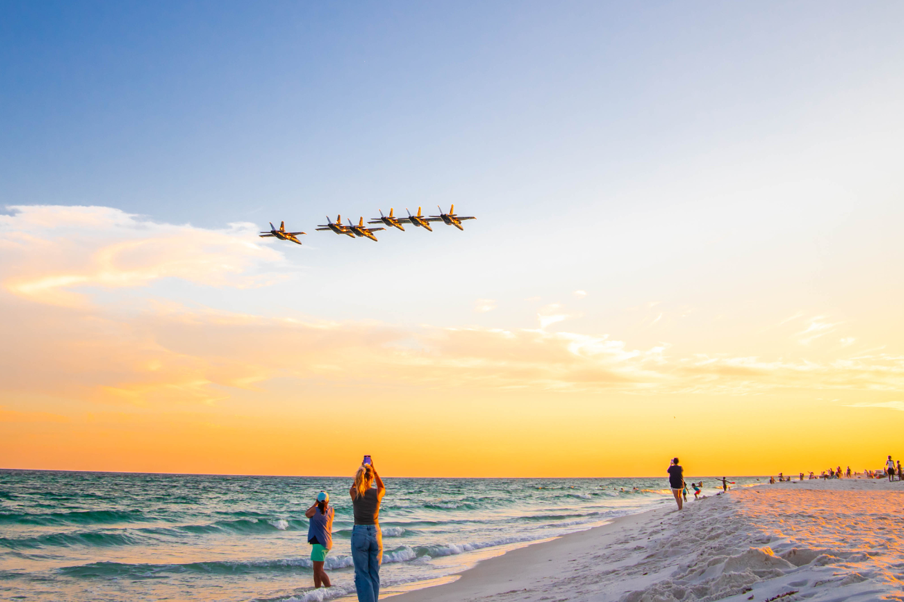 Blue angels flying over beach