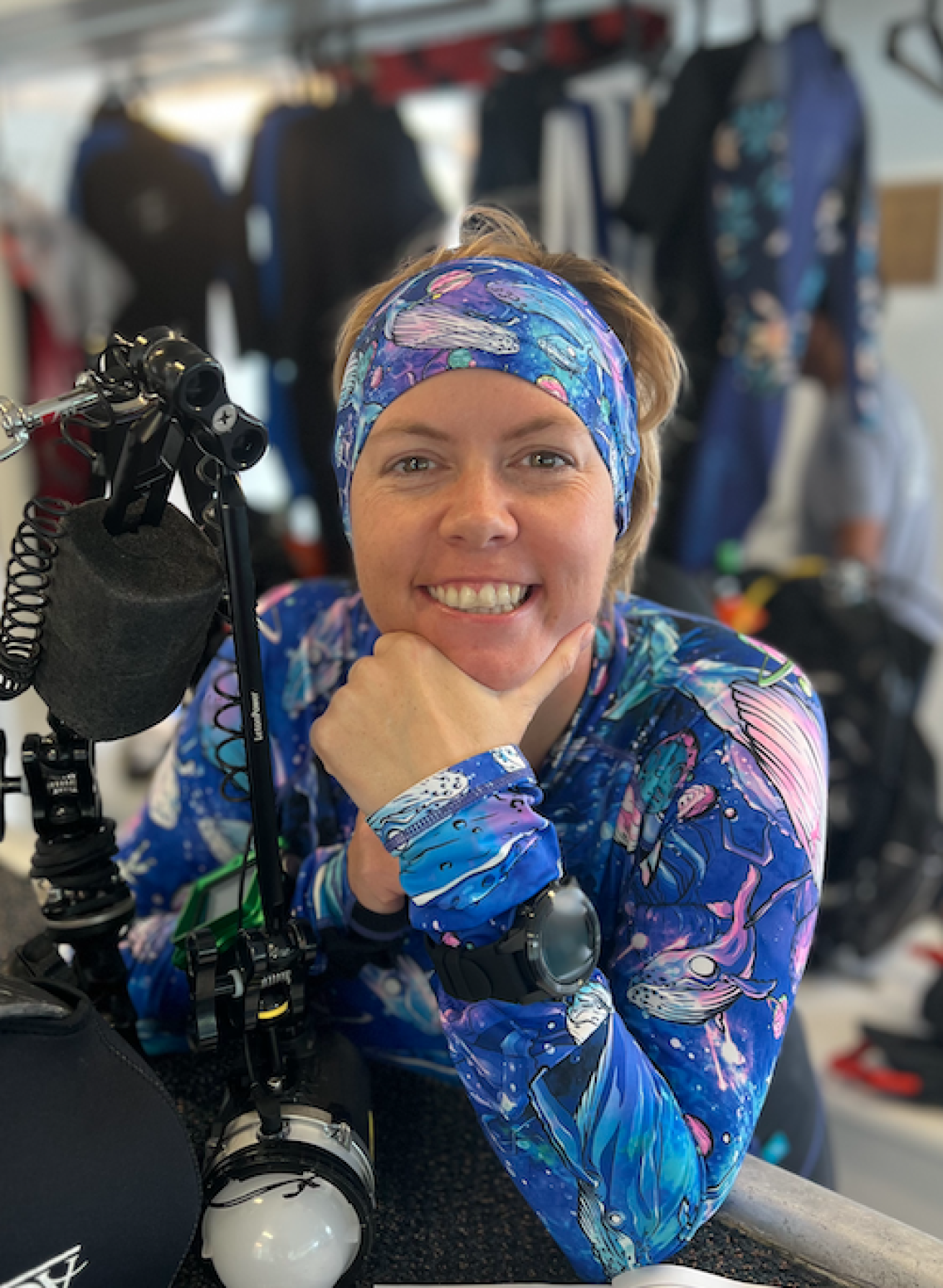 Candice wearing her two dive computers before a dive in Palau.