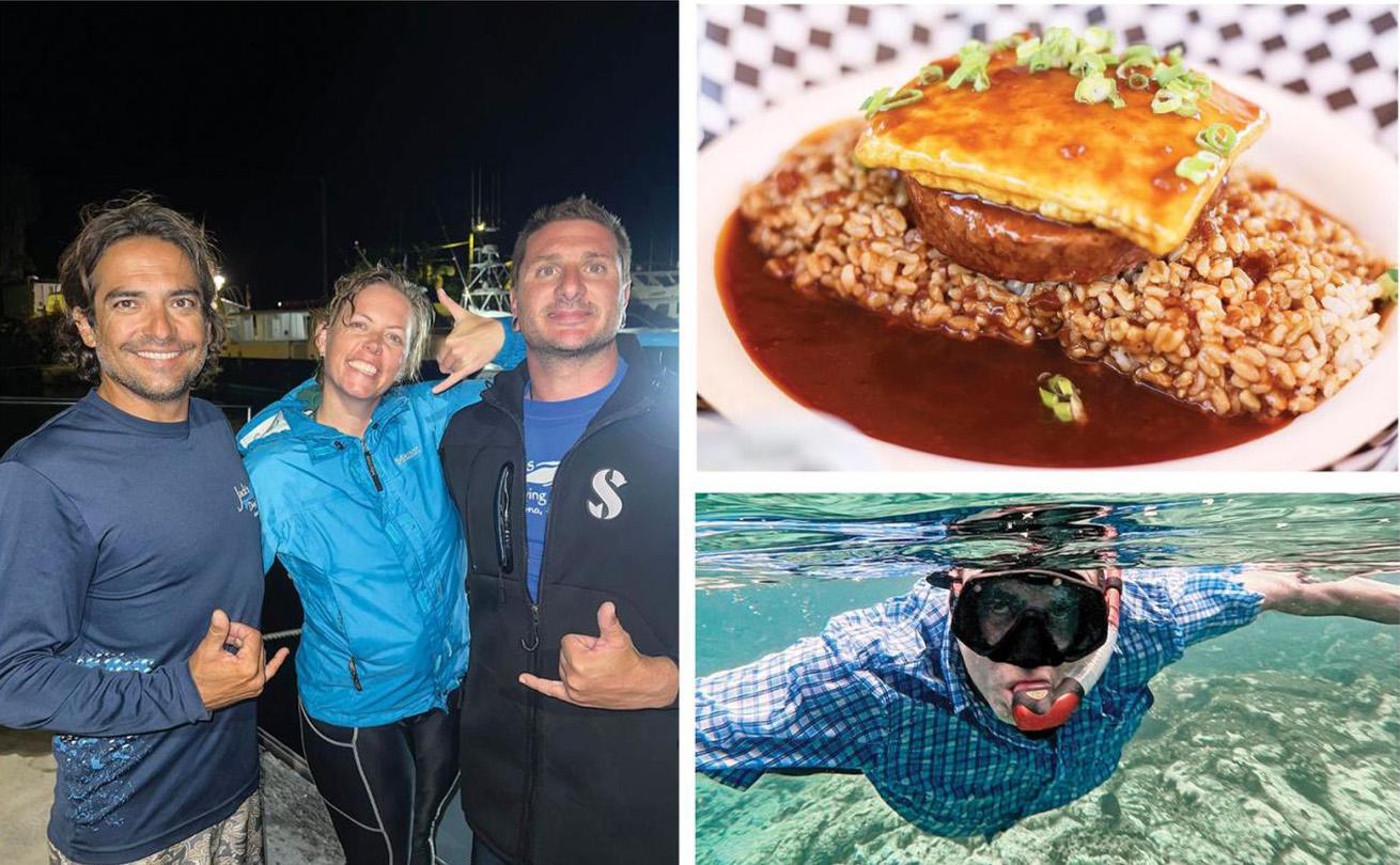 Clockwise from top: A delicious meal from Herbivores; Candice’s father tries snorkeling; posing after a blackwater dive with Jack’s Diving Locker crew.