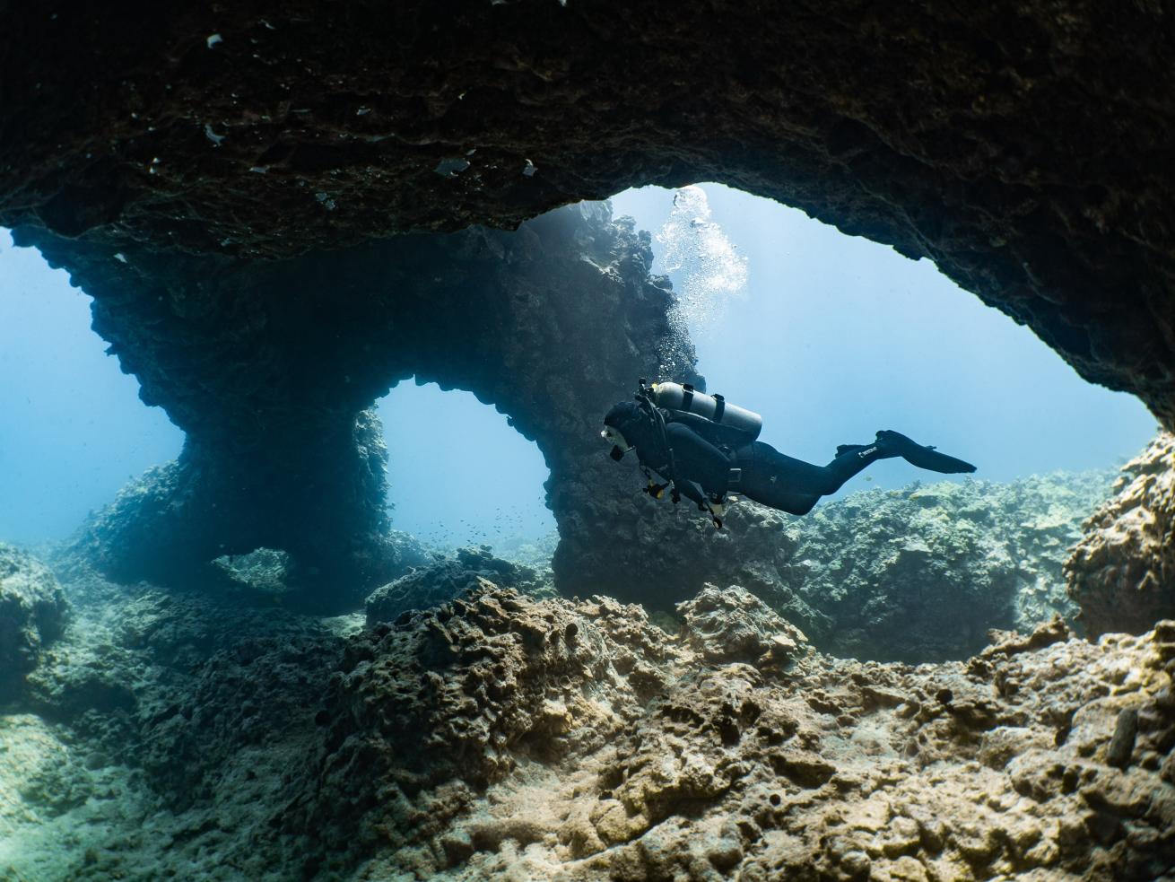 Diver swimming in reef structures.