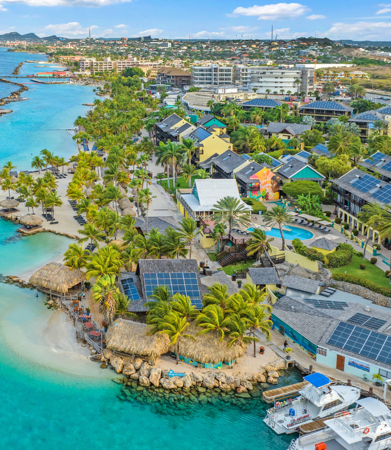 A aerial view of a beach with buildings and palm trees