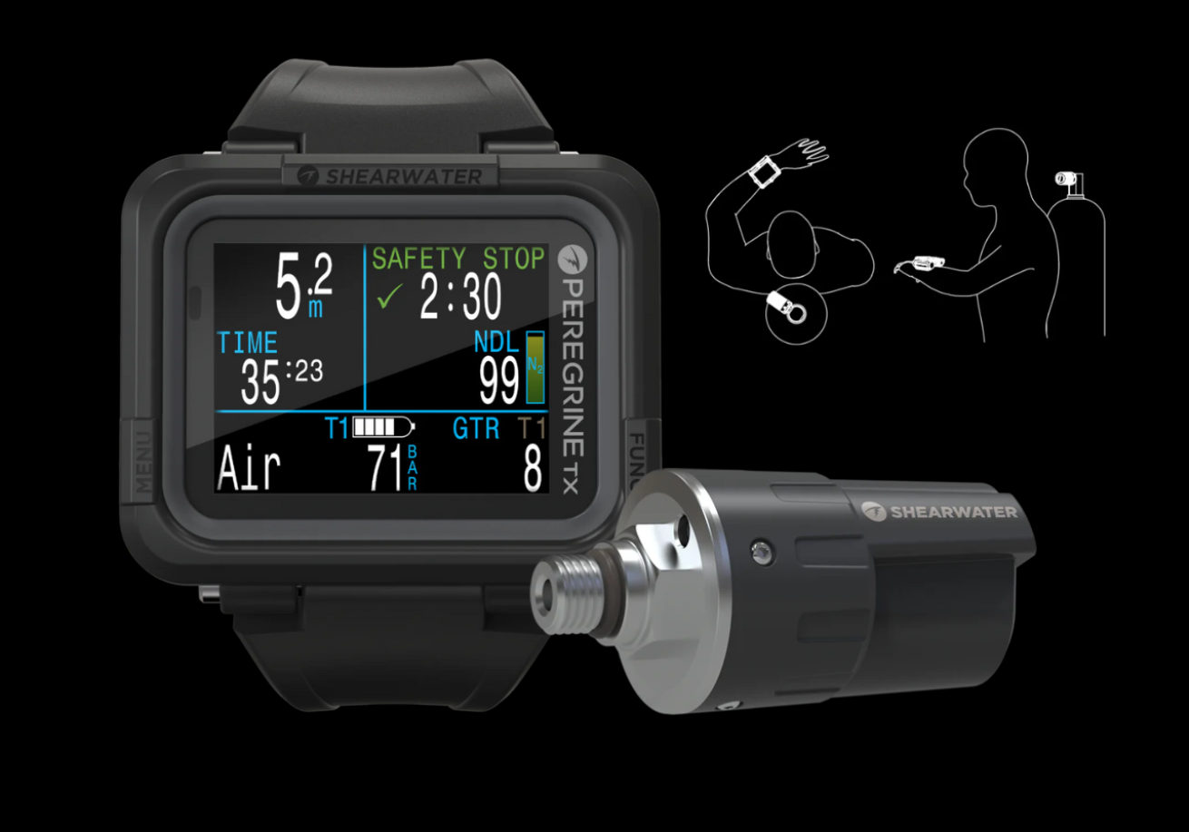 A wrist mount style dive computer with a digital screen beside a small transmitter