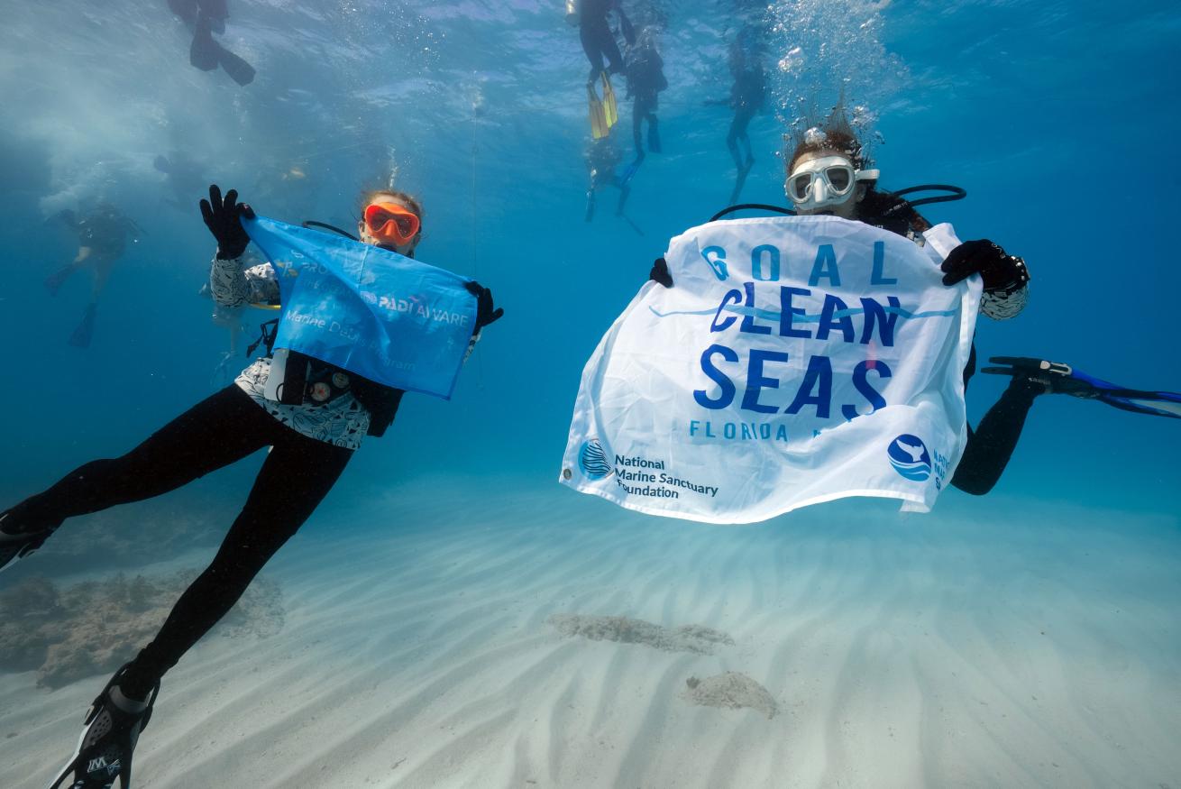 scuba divers holding signs underwater for PADI Dive against debris